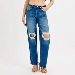 RISEN Full Size Mid Waist Fit Boyfriend Knee Distressed Jeans Plus Size